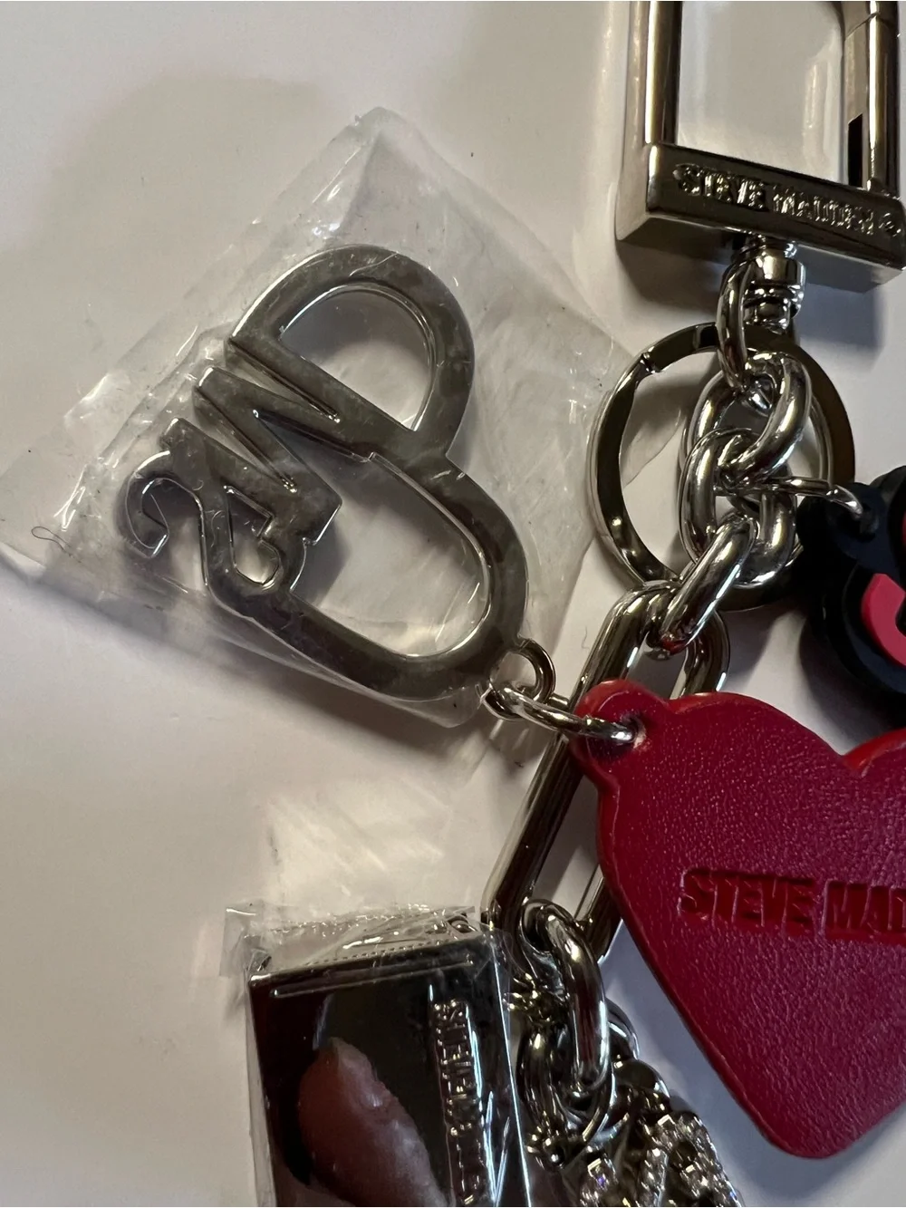 Steve Madden Red and Silver Logo Heart Keychain